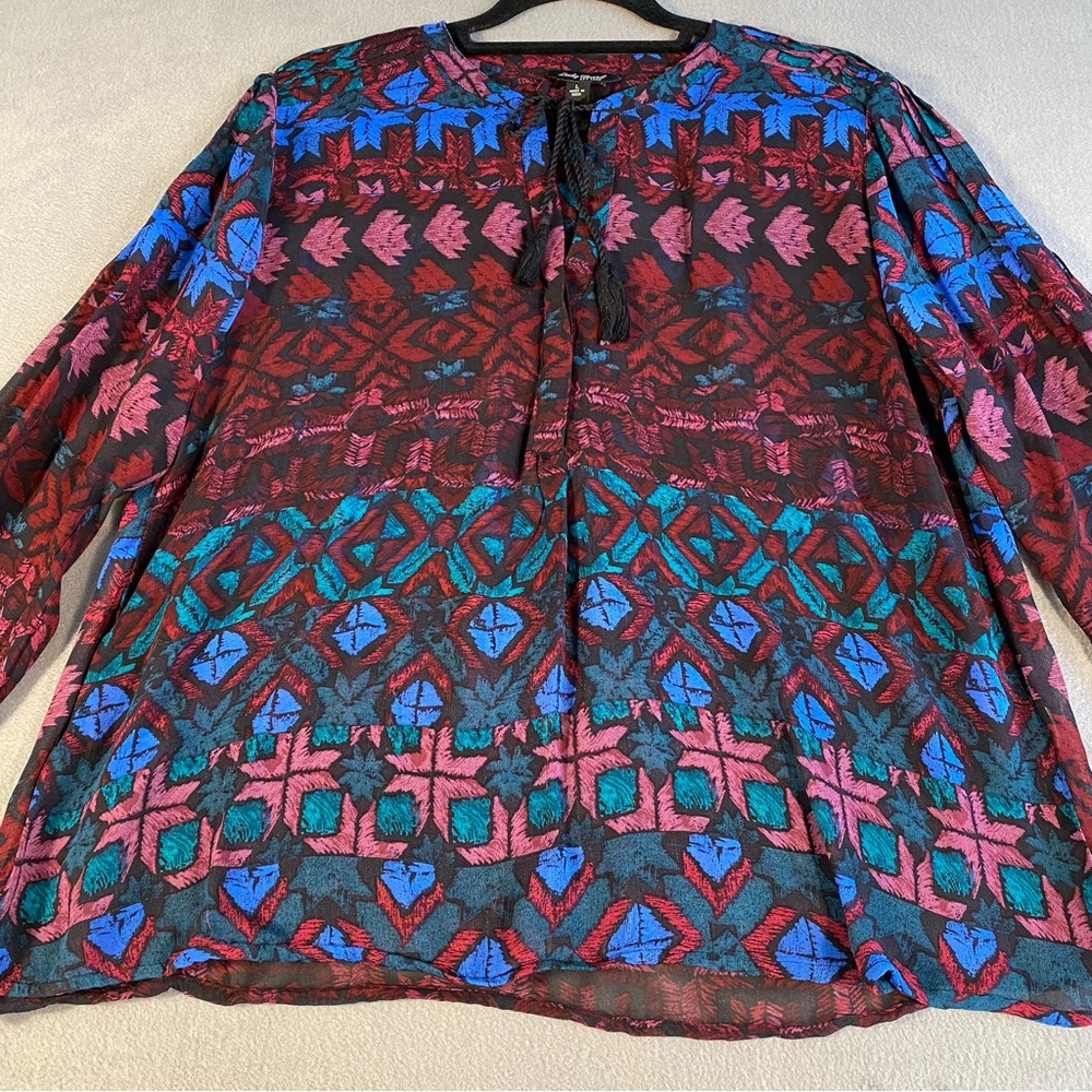 Lucky Brand Women’s Red&Blue Patterned Long Sleeve semi sheer top, tassel tie, L